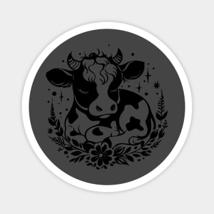 Cute Cow with Floral Wreath Black and White Artwork Magnet